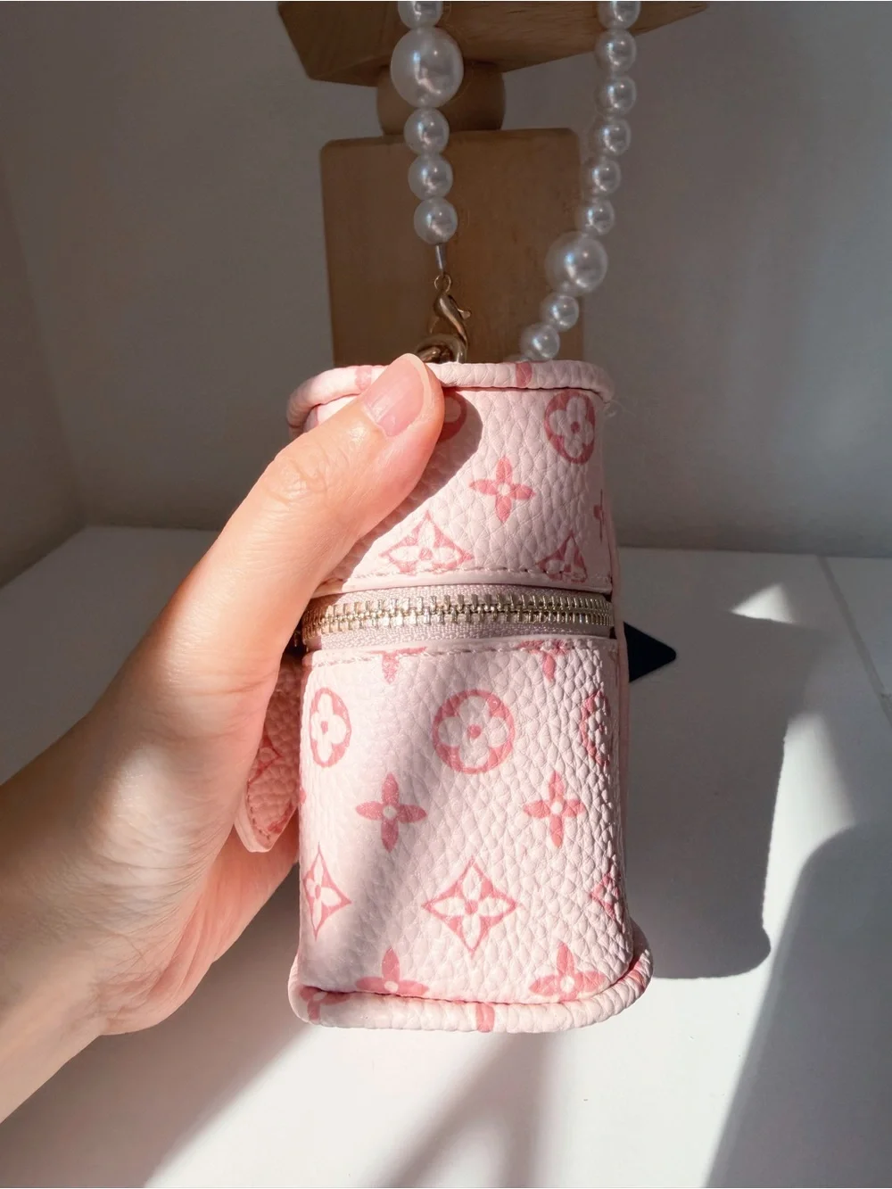 Pink Mini Cosmetic Pouch & Card Holder with Pearl Strap 🎀